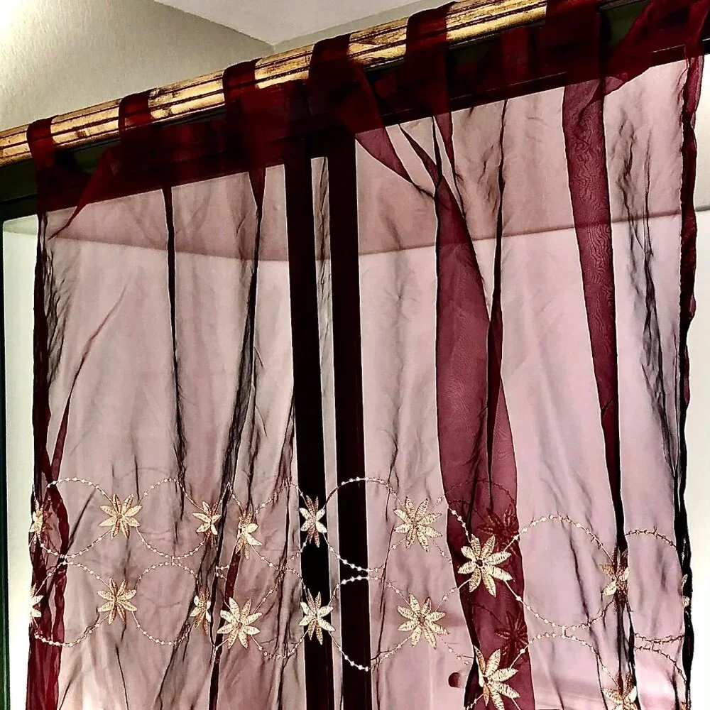 NWT ALEXANDRA'S ACCENTS Boho Embroidered Sheers Drapery Panels Burg\Gold 84x58